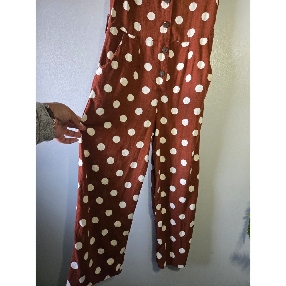 Monteau Polka Dot Brown Jumpsuit Medium Wide Leg Button Front - Picture 5 of 10